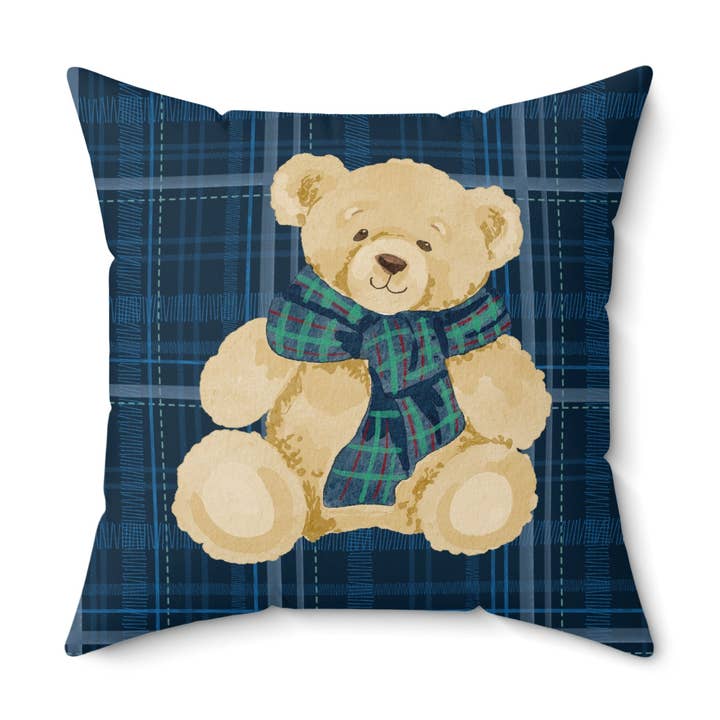 Teddy Bear with Plaid Scarf Blue Pillow for wholesale by MagicMerchEmporium