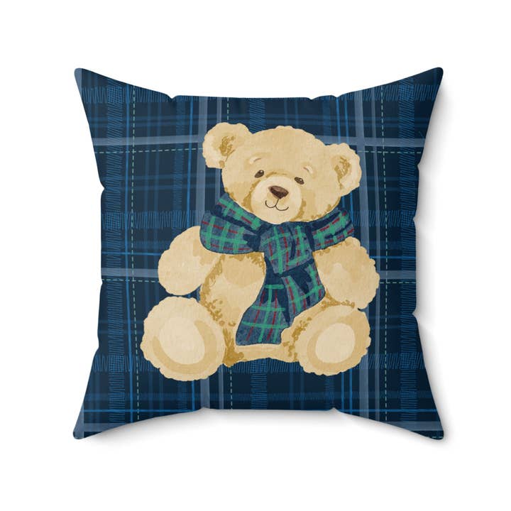 Teddy Bear with Plaid Scarf Blue Pillow for wholesale by MagicMerchEmporium