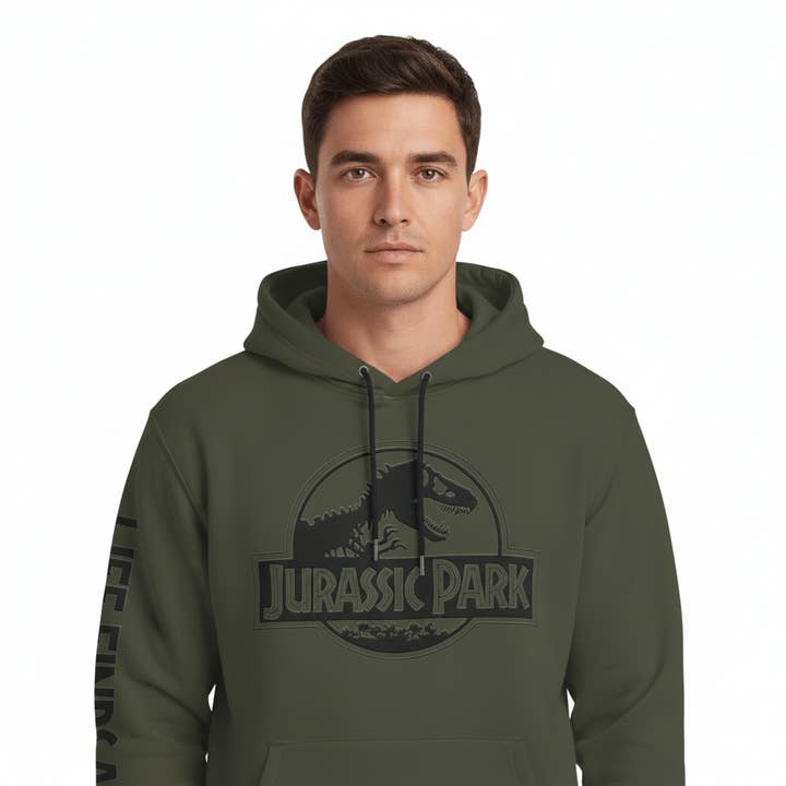 Official Khaki Jurassic Park Hoodie – T-Rex Logo for wholesale on Faire2