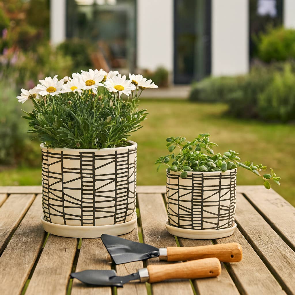 Sagebrook Home - Wholesale Plant Pot - Planters Set of 2 - Beige Ceramic Geometric Saucer, 6/8 in.1