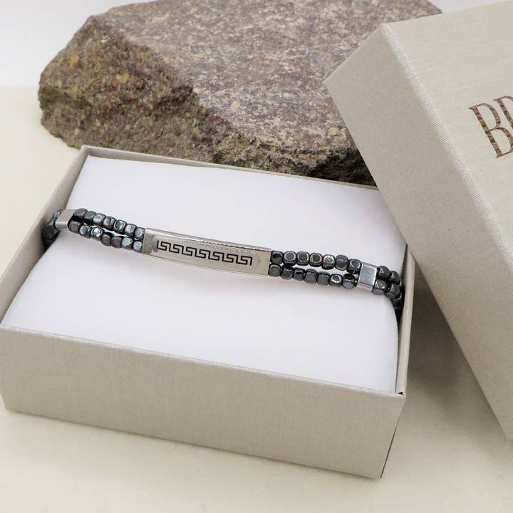 ARES Bracciale uomo Targhetta con greche e cubetti in ematite - ACCIAIO INOSSIDABILE for wholesale on Faire3