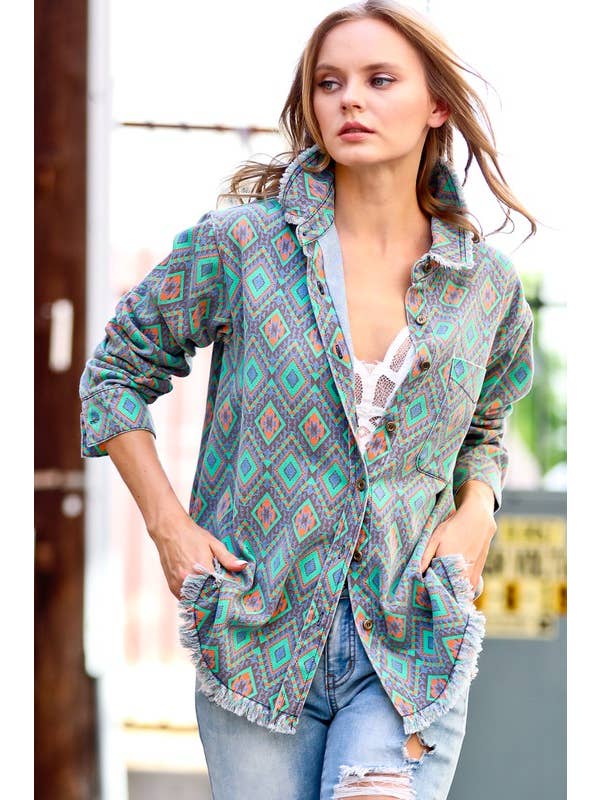 GREEN MIX Tribal printed washed out fringe hemming jacket MK10170 for wholesale on Faire