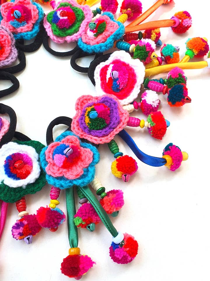 Knitted Pom Pom Hair Tie Boho Style for wholesale by Beige & Co Thai Crafts
