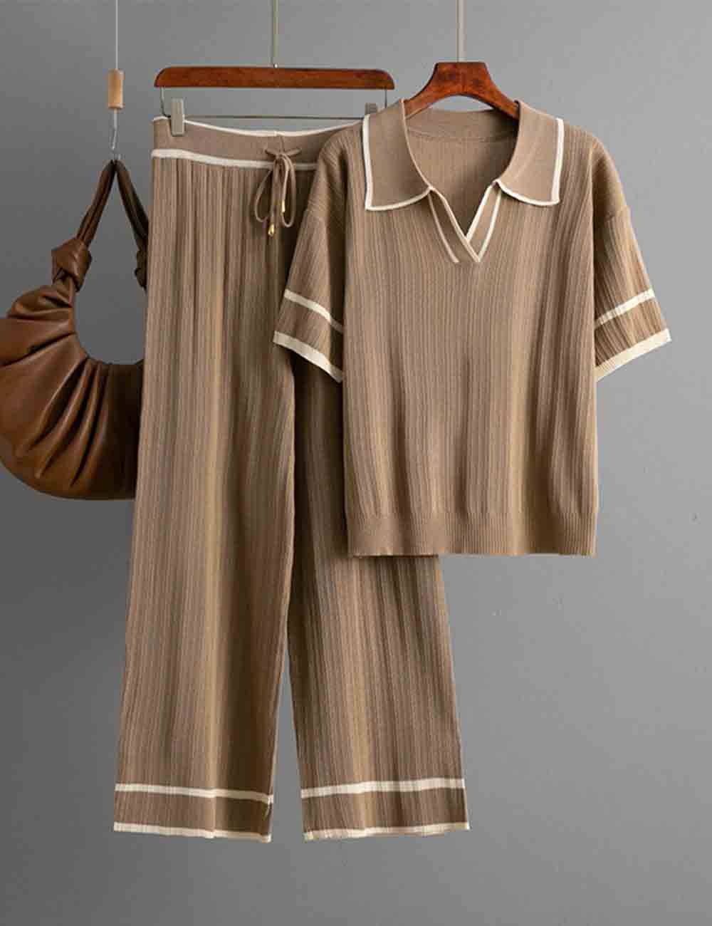 Sweetkama - Wholesale Lounge Set - Women's - Ladies Color Block Polo Collar Knit Top & Pants 2PCS Set11