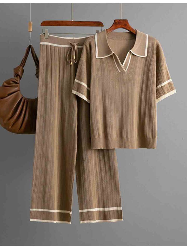 Sweetkama - Wholesale Lounge Set - Women's - Ladies Color Block Polo Collar Knit Top & Pants 2PCS Set11