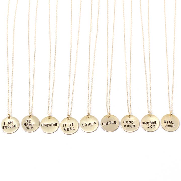 Stamped Tiny Phrase Necklace - Large Gold for wholesale by Crafts & Love