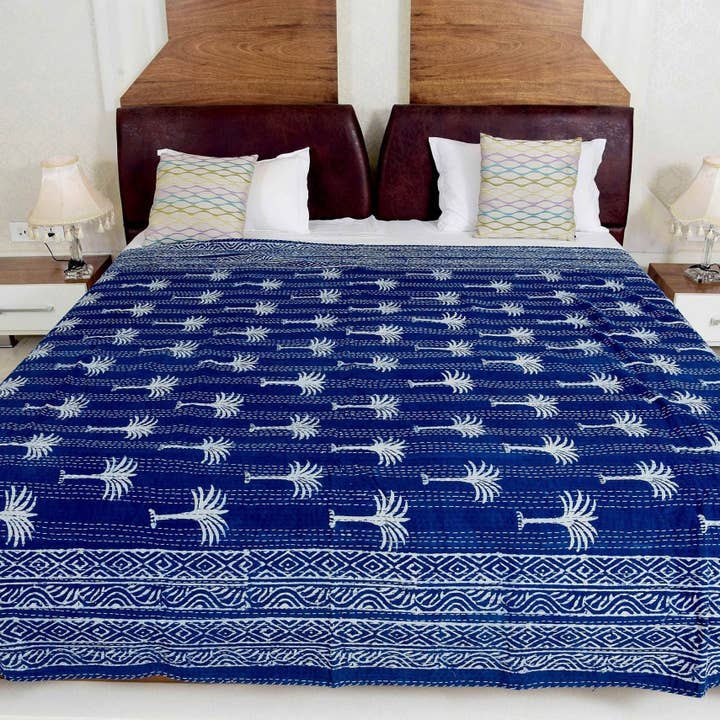Glamthread - Wholesale Quilt - Linen Connections Handmade Indian Kantha Quilt - Palm Tree Indigo4