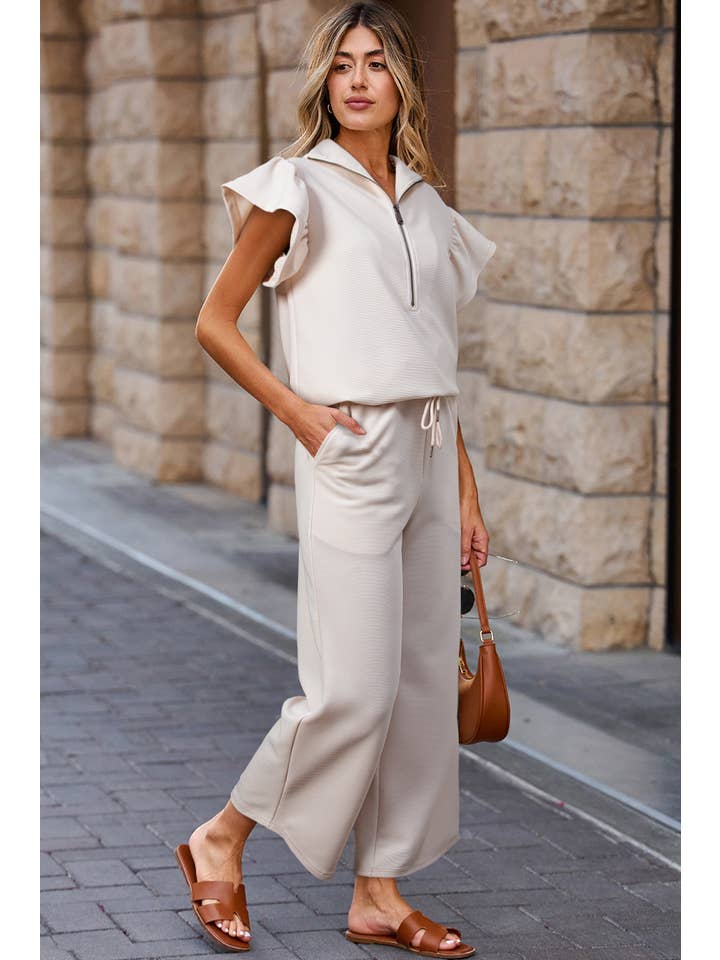 PRETTY BASH – Engroshandel Loungesæt - Dame – Sæt med tekstureret flæse halv lynlås top og bukser1