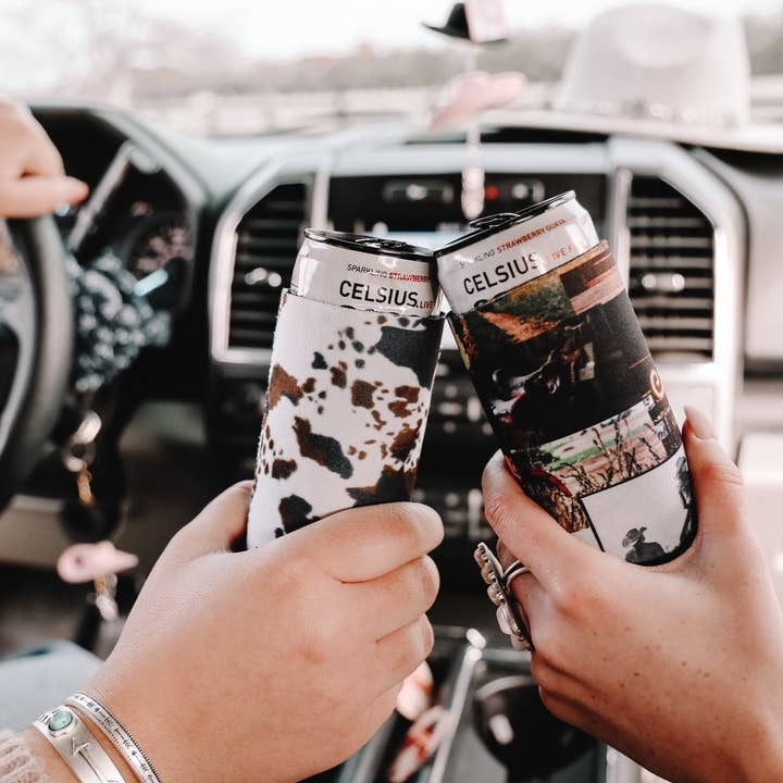 The Front Porch Label - Wholesale Drink Huggers & Koozies - Mooving On Brown Cowhide Print Tall Coozie 2-Pack