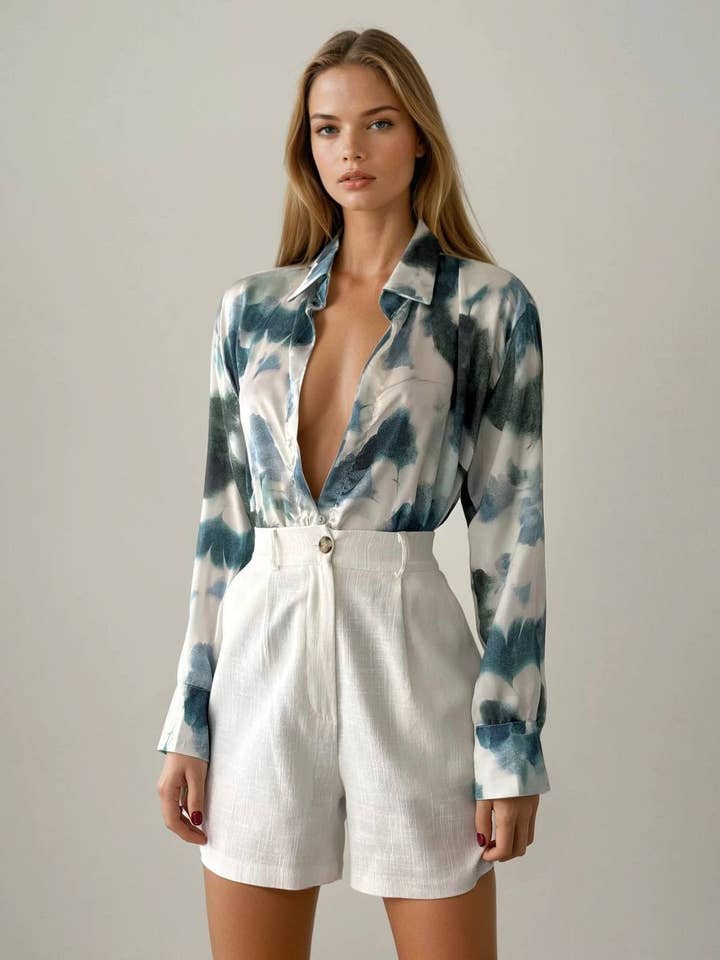 Teal abstrakt akvarel silke bluse for engroshandel hos Anaz