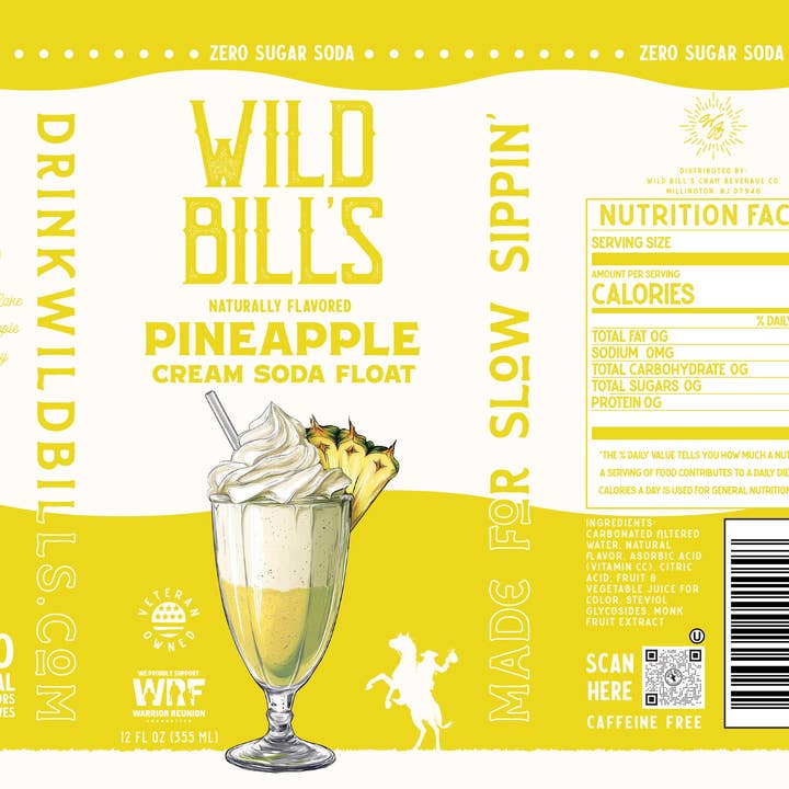 Wild Bill’s Craft Beverage Co. - Wholesale Soda/Carbonated Drink - Pineapple: Zero Sugar Soda, Clean Ingredients, 12-Pack, Cans