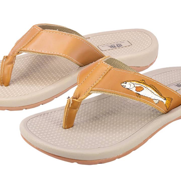 Zep-Pro - Wholesale Flip Flops - Men's - Redfish Men's Fishing Tan Leather Embroidered Fishing Sandal5