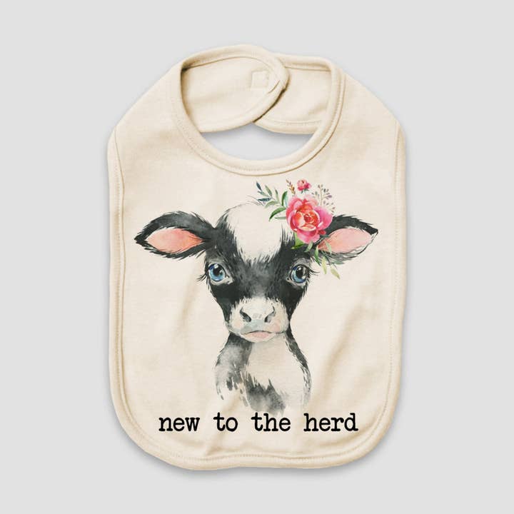 New to the Herd Cow Natural Color Baby Bib for wholesale by Love You a Latte Shop