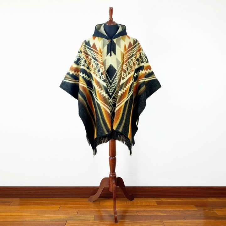 ECUALAMA - Venta al por mayor Poncho - Unisex - Poncho unisex con capucha de lana de alpaca XXL - patrón azteca - NEGRO