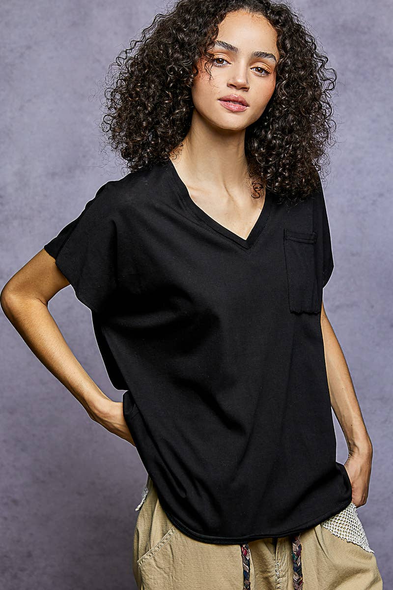 Pol Clothing - Wholesale T-Shirt - Women's - Oversized v-neck front pocket short sleeve solid top SALE1