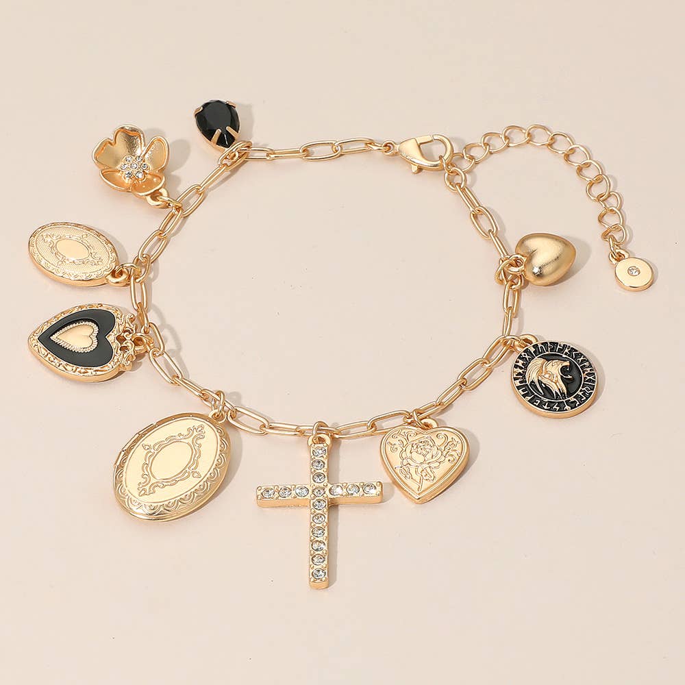 Sensibling Corp. - Wholesale Charm/Dangle Bracelet - Stone Paved Cross Oval Locket Heart Coin Medallion Charm Station Paperclip Chain Bracelet0