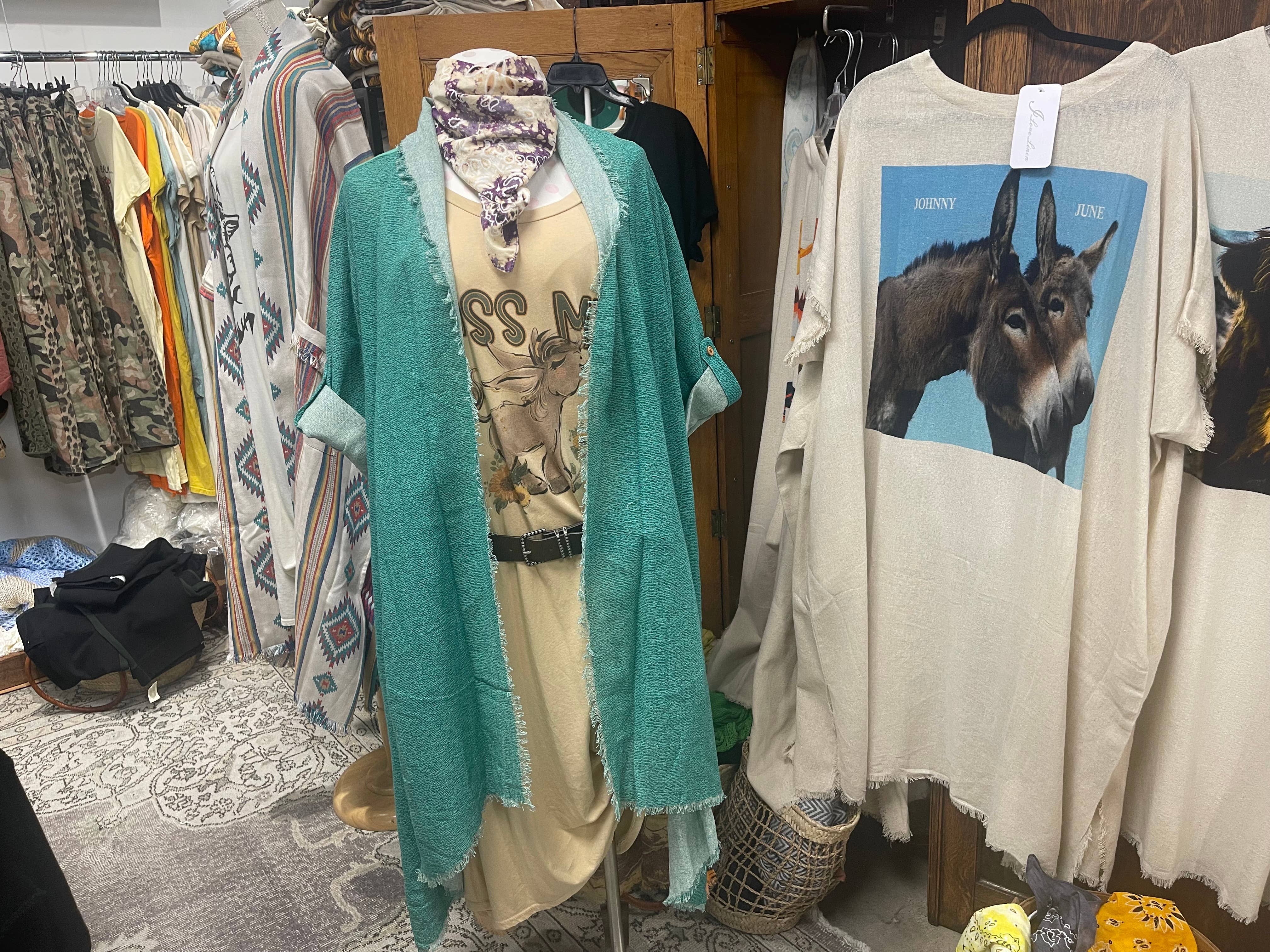 LeParisPetit by I Love Linen - Wholesale Kimono - Women's - Duster with Sunset Cactus Print in Turquoise or Orange2