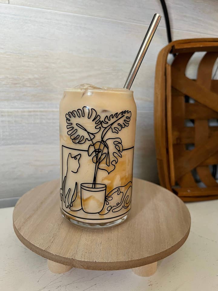 Tasse en verre Libbey Can en forme de chat et de monstera pour la vente par HandmadesByHannahS