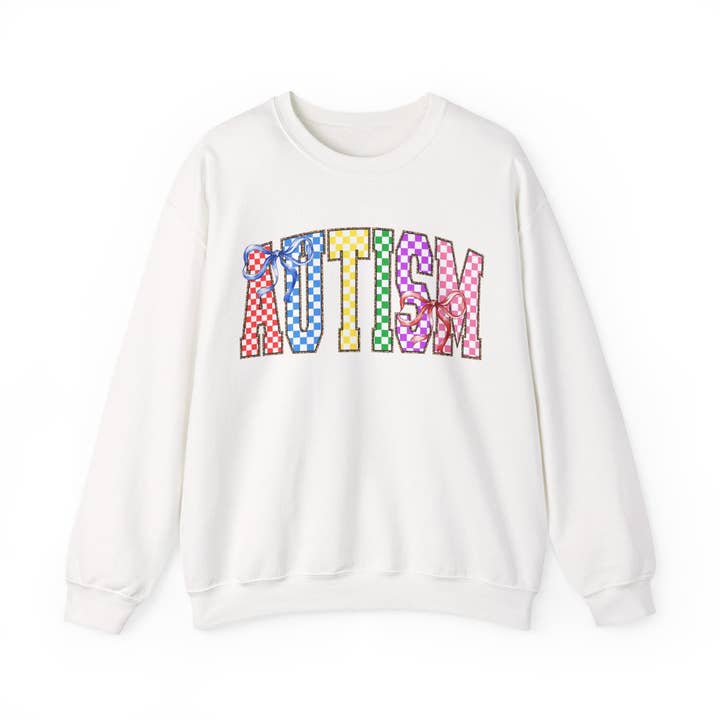Sweat-shirt à col rond motif puzzle autisme — Pull coloré de sensibilisation à l'autisme pour la vente par Apparel Crush