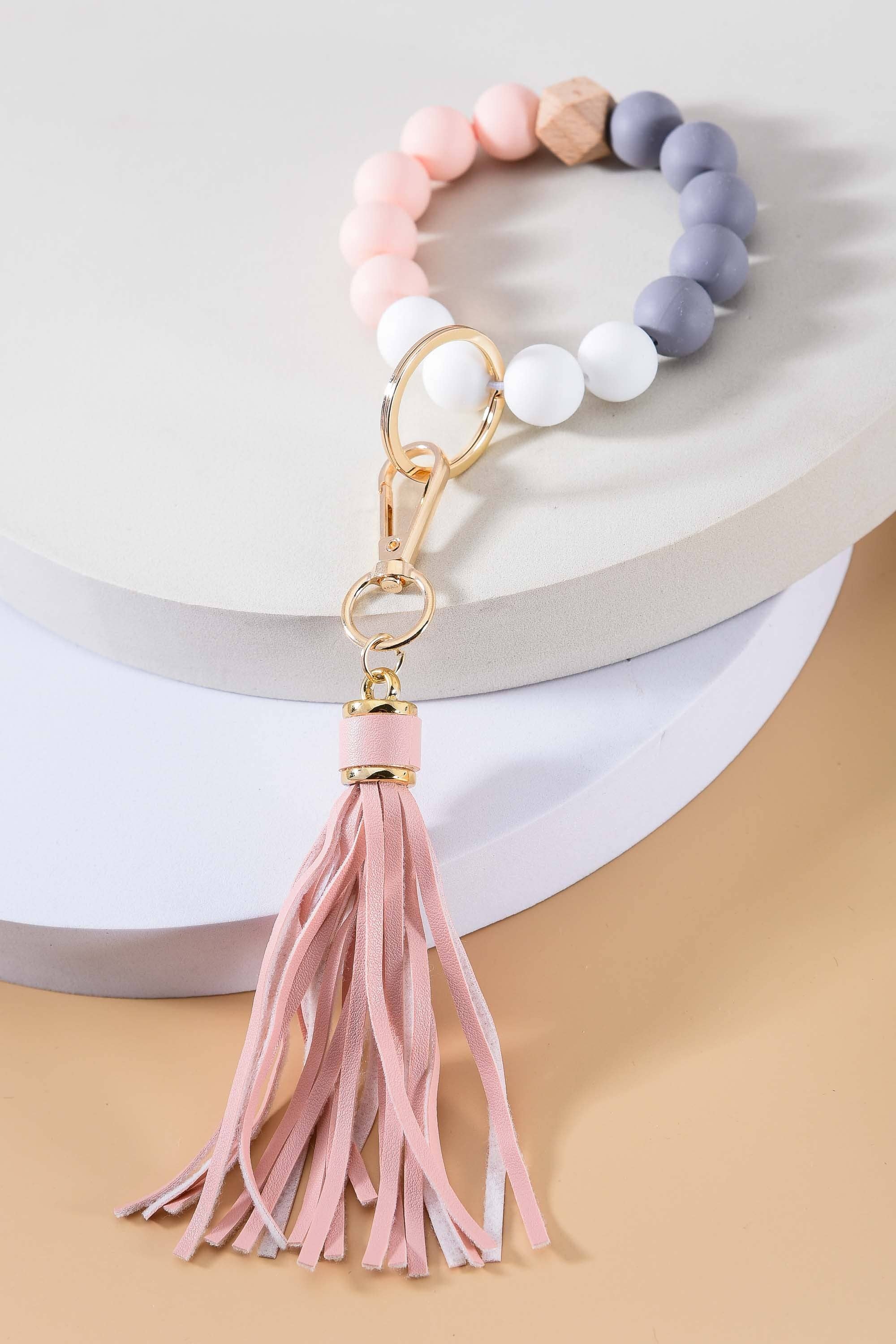 JOSSLYN by wall to wall - Wholesale Keychain Bracelet - SOFTEST RUBBERY BEAD TASSEL BRACELET KEY HOLDER | 40KC1032