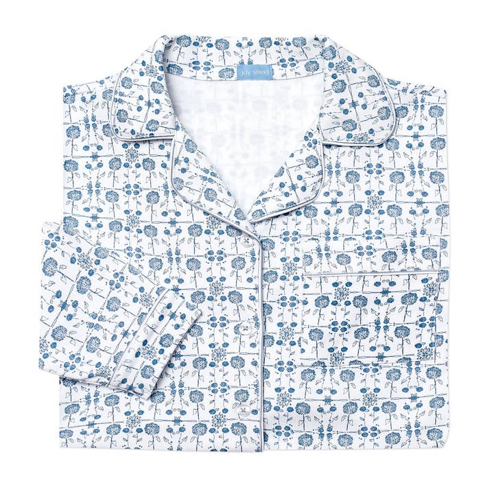 Coastal Bloom Blue Hydrangeas Women's Button Front Long Pajama Set for wholesale on Faire1