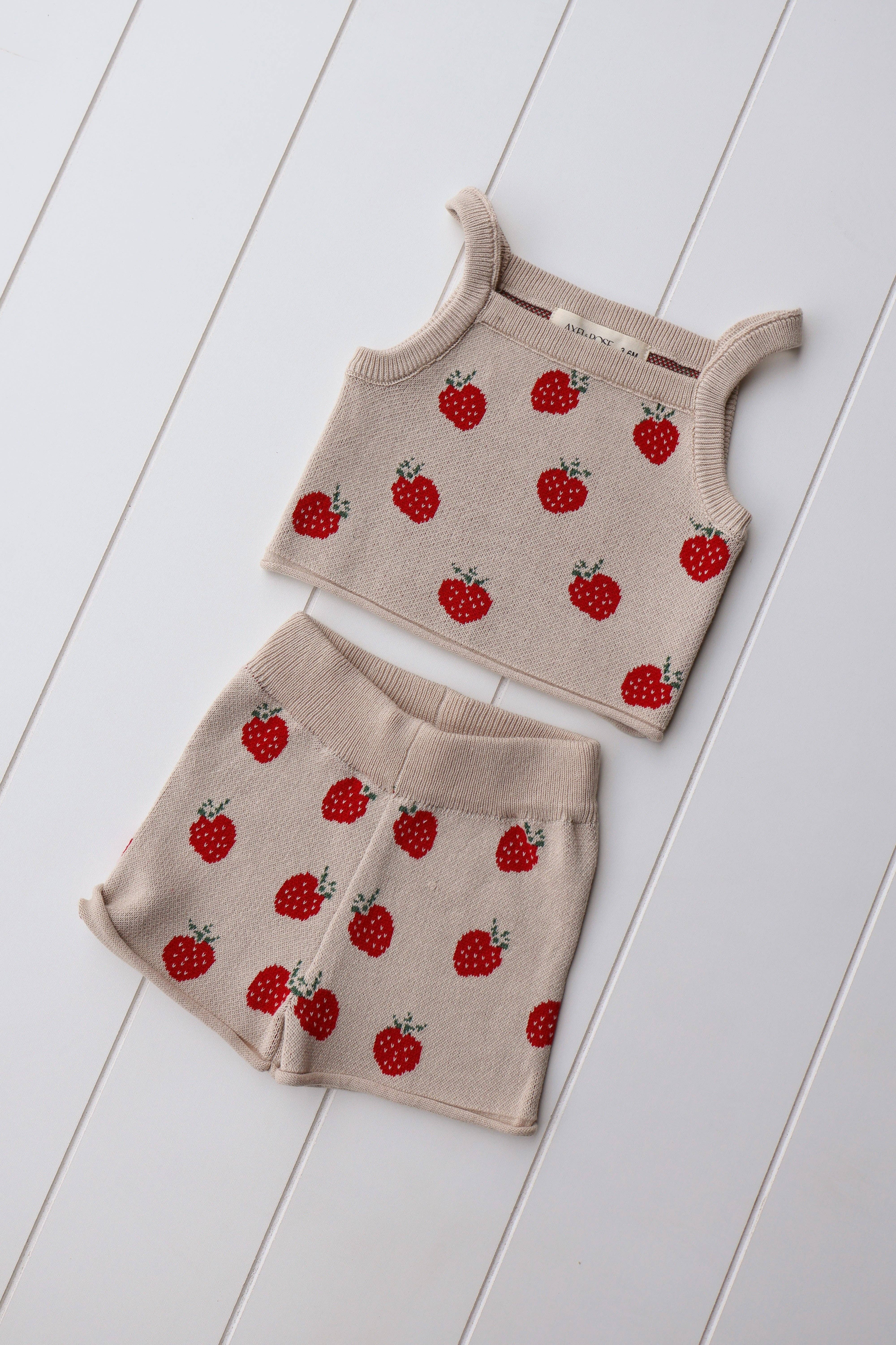 Axel & Rose - Vente Ensemble haut et short – enfant - Ensemble deux pièces en maille printanière à motif fraise2