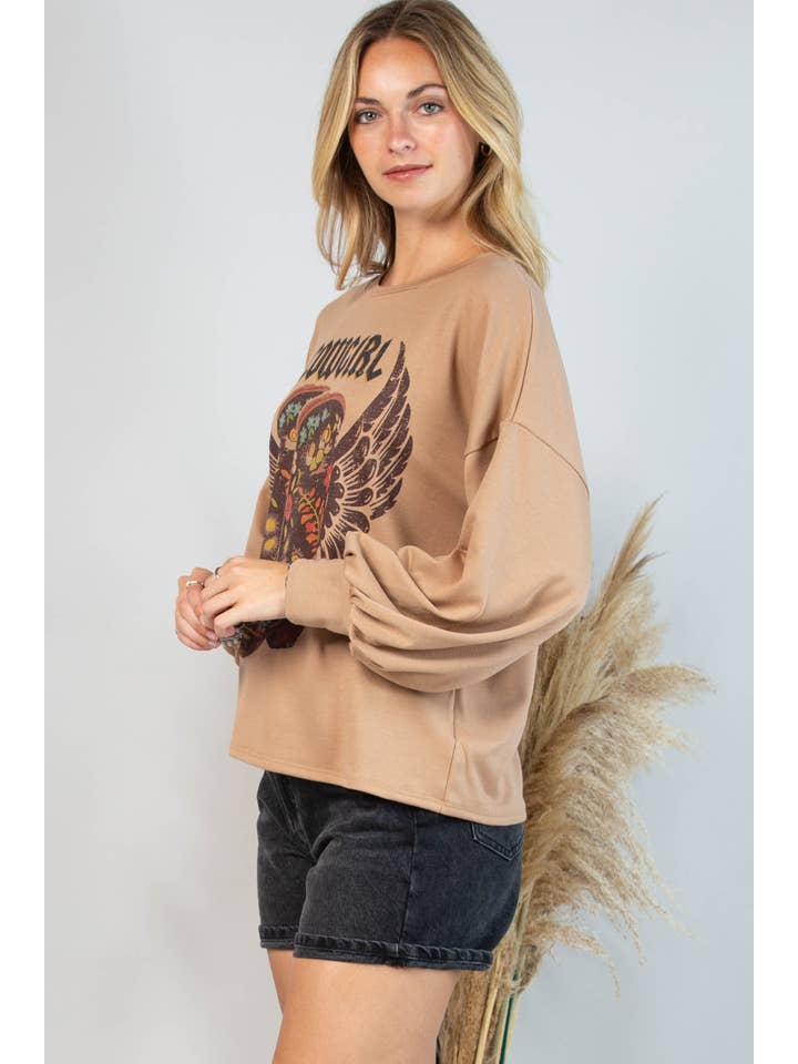 Mocha AV1171-ALEX COWGIRL BOOTS GRAPHIC SWEATSHIRT for wholesale on Faire7