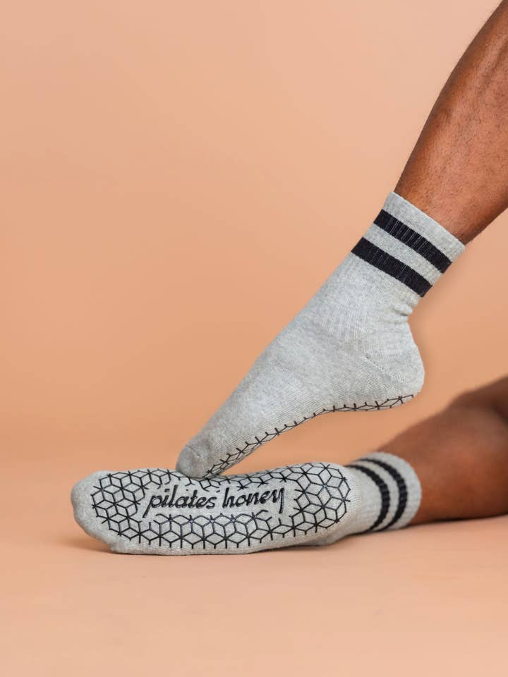 Men's Black Stripe Crew Grip Sock for wholesale by Pilates Honey