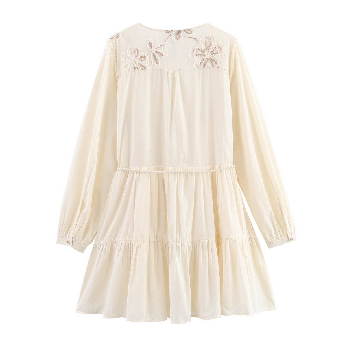 Beige Floral Embroidery MiniDress with Drawstring Cutout_CWDSD8316 for wholesale on Faire1