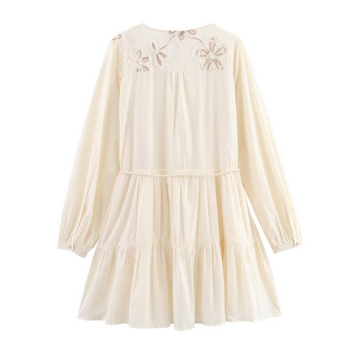Beige Floral Embroidery MiniDress with Drawstring Cutout_CWDSD8316 for wholesale on Faire1