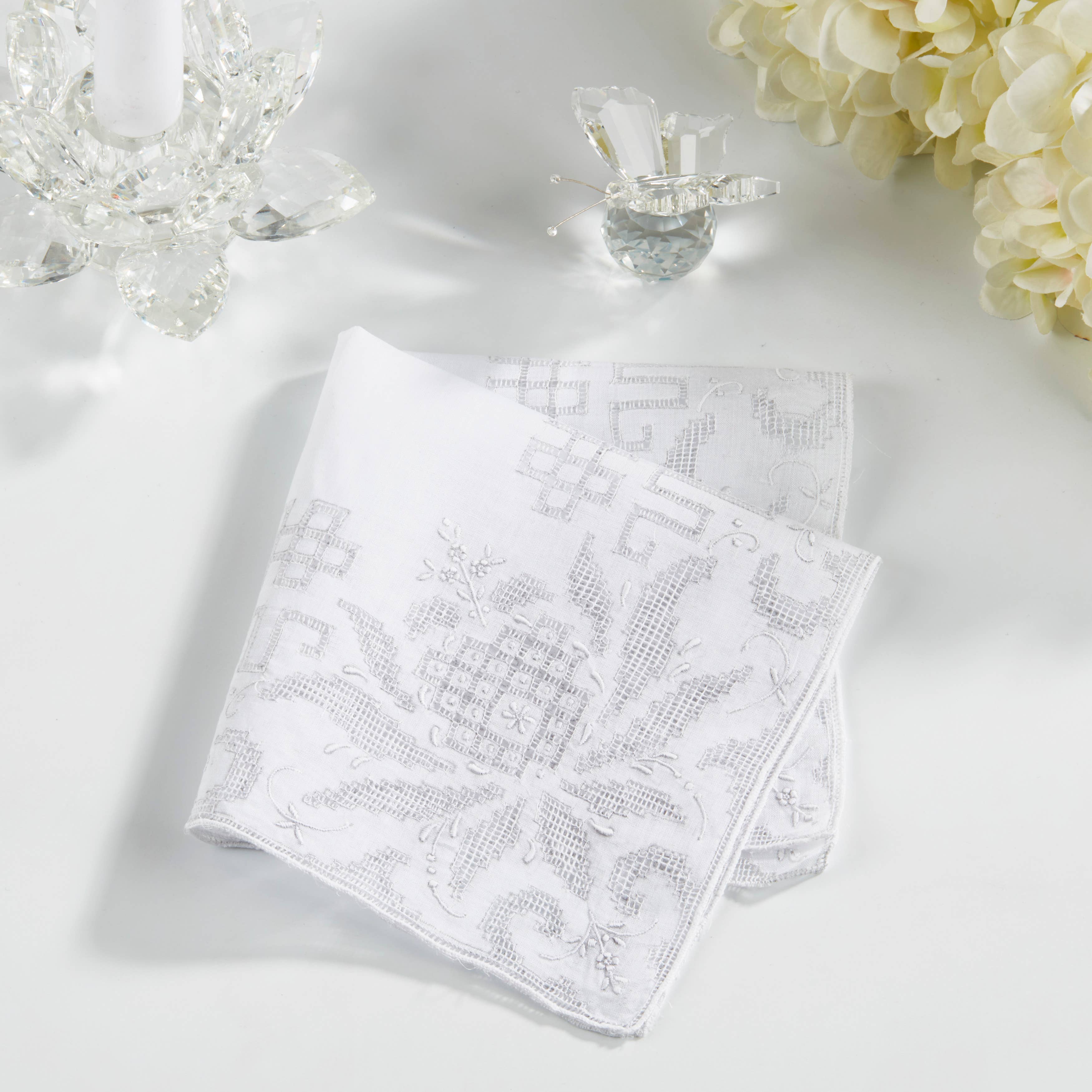 White Embroidered Drawnwork Handkerchief for wholesale on Faire2