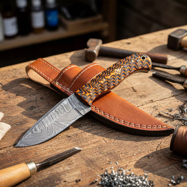 Coltello damascato da 8' con fodero in pelle Manico scanalato per la vendita all'ingrosso da parte di FH KNIVES