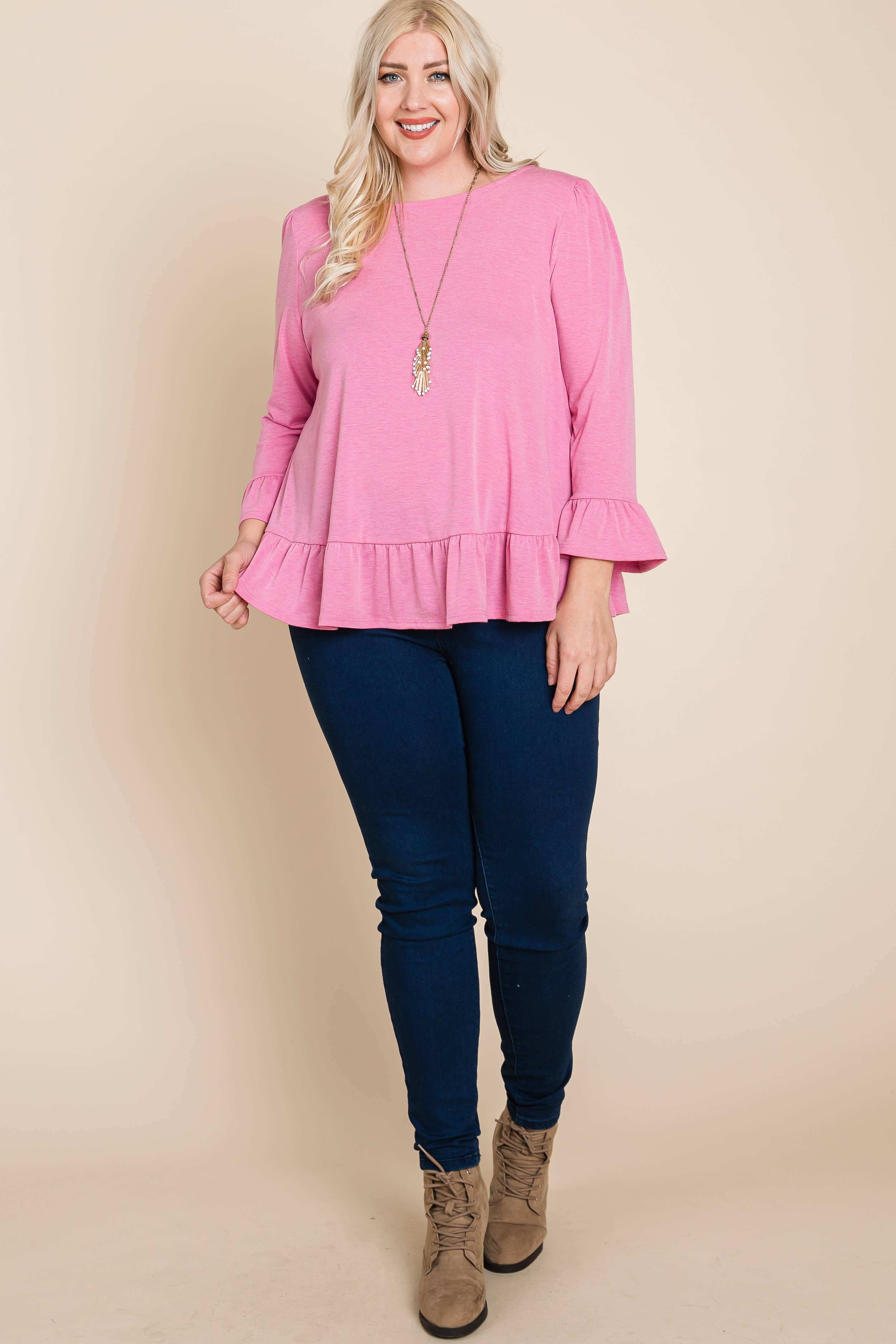 Emerald Collection - Wholesale Blouse - Women's - ETK-8690-PL Plus Size Babydoll Ruffle Hem Solid Top21