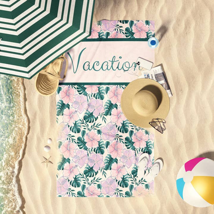 Toalla de playa personalizada con hibisco y hojas de palma para venta al por mayor de Pretty in Pink Bows