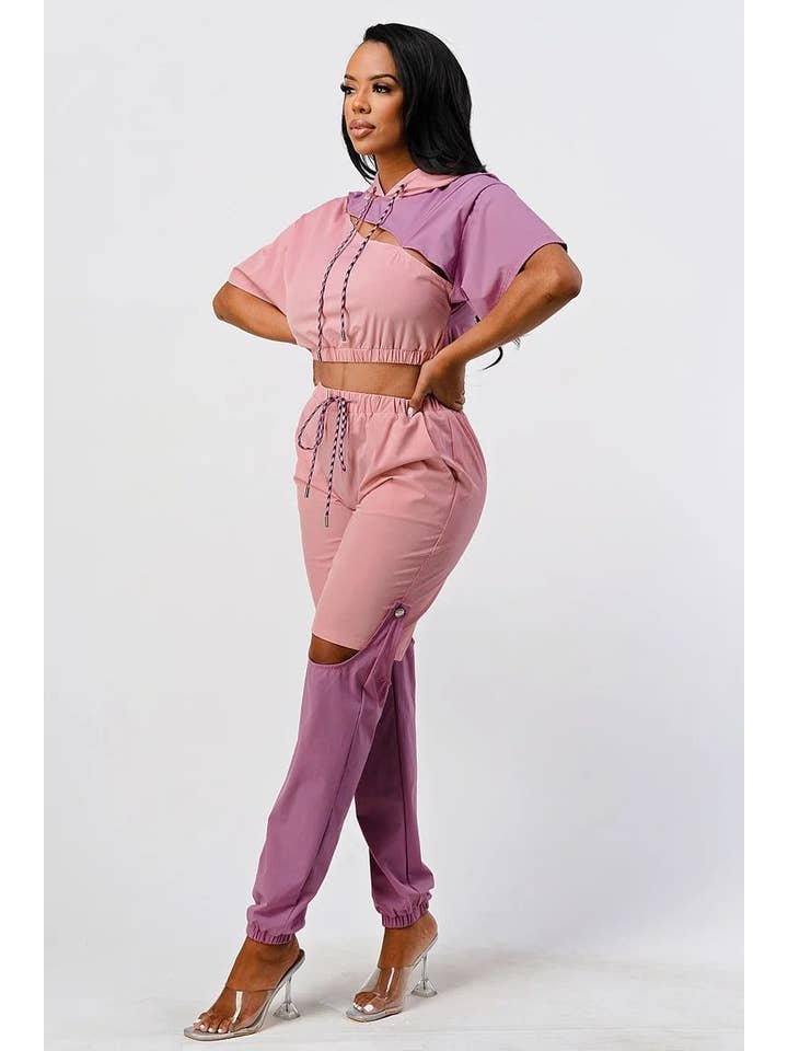 CC Wholesale Clothing - Wholesale Top & Pant Set (NOT Loungewear) - Women's - Pants Set In Color Block With Hoodie And Detachable Bottom
