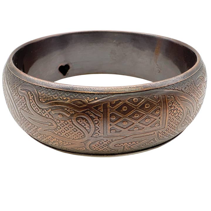 Copper-Toned Brass Metal Bangle With Embossed Design 1" for wholesale by Treasure Jewelry