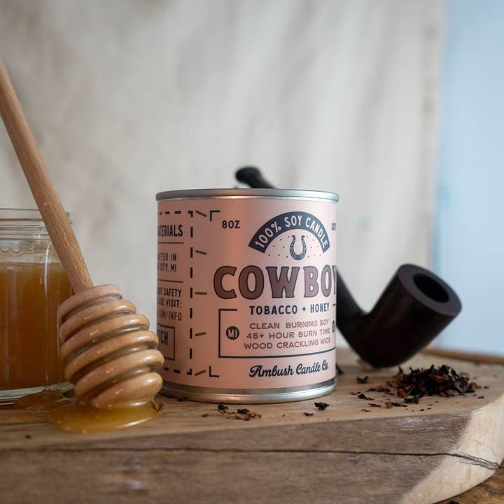 Ambush Candle Co. – wholesale Jar/filled candle – Cowboy | Tobacco + Honey 8oz Soy Candle7