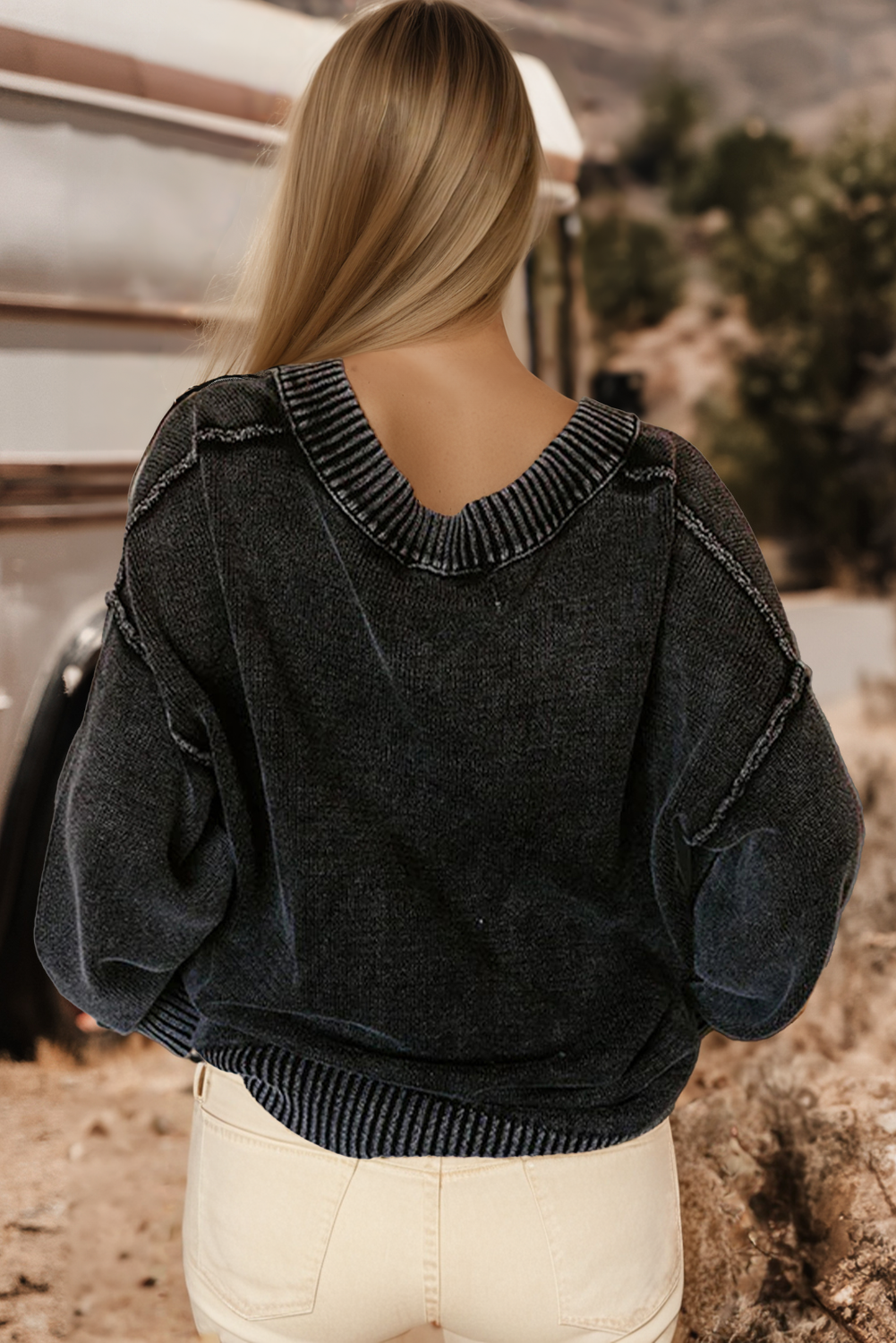 fashionworks - Wholesale Knit Sweater - Women's - Mineral Wash Knit Exposed Seam Drop Shoulder Loose Sweater3