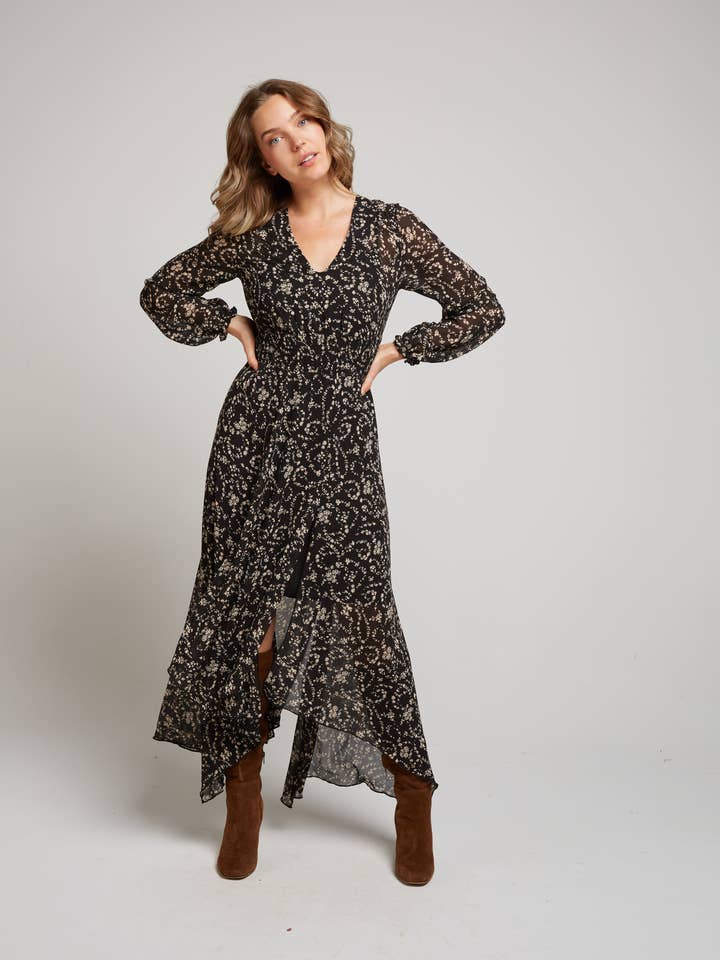 INDIE2 - Vestido comprido preto estampado – por atacado de Andy & Lucy