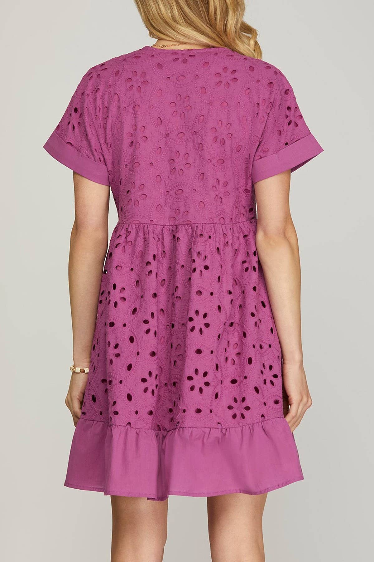 MAGENTA EMBROIDERED DROP SHOULDER V NECK FLARE DRESS for wholesale on Faire1