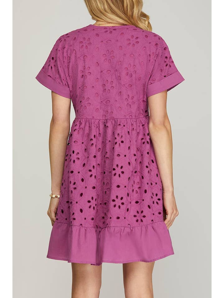 MAGENTA EMBROIDERED DROP SHOULDER V NECK FLARE DRESS for wholesale on Faire1