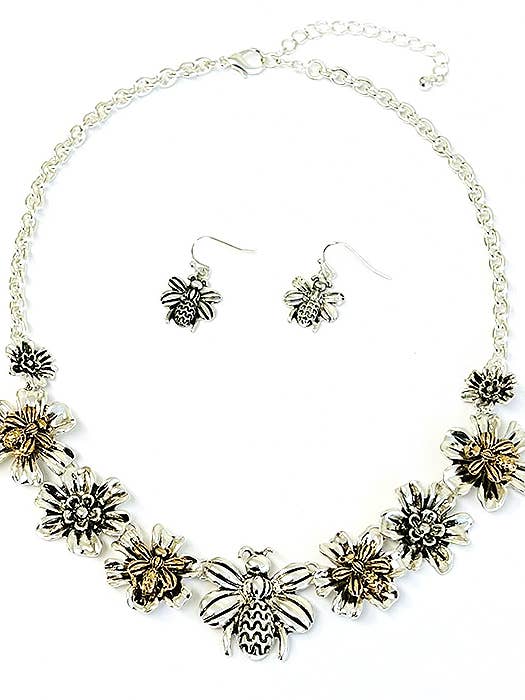 ( HX1065 ) GARDEN THEME BEE AND FLOWER LINK NECKLACE SET for wholesale by Jewelry Max