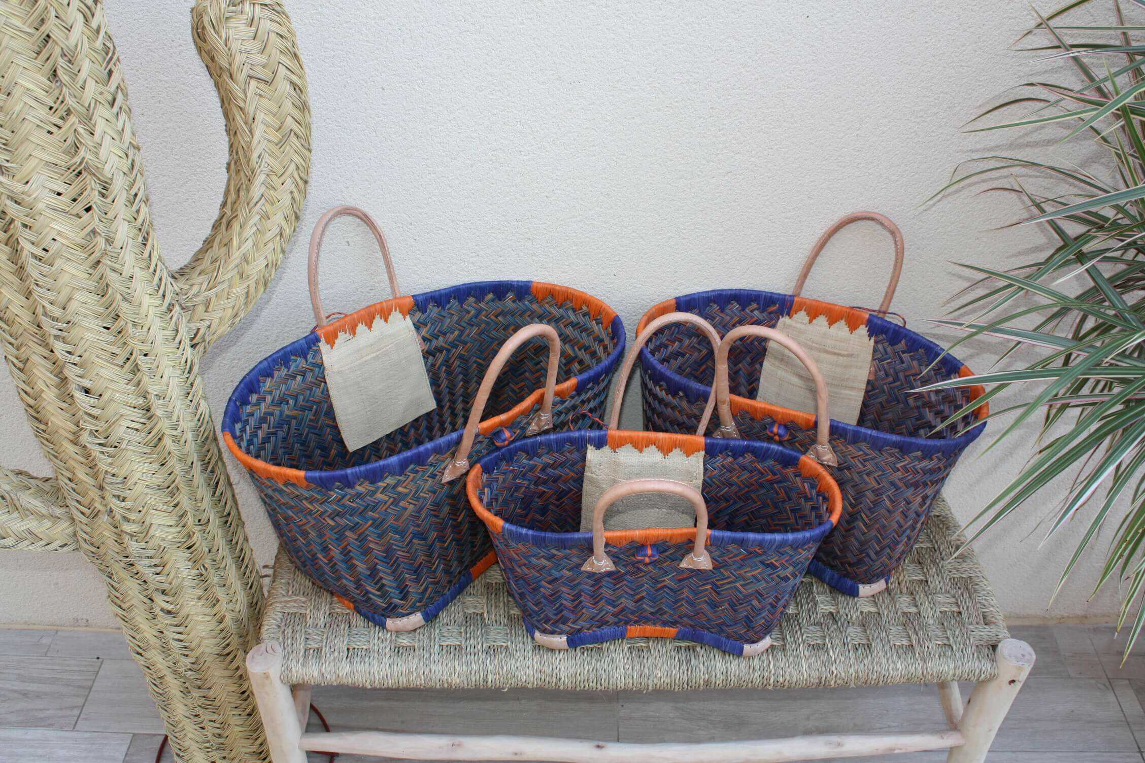 Cabas à courses de Madagascar Panier Bleu Orange Sac tressé