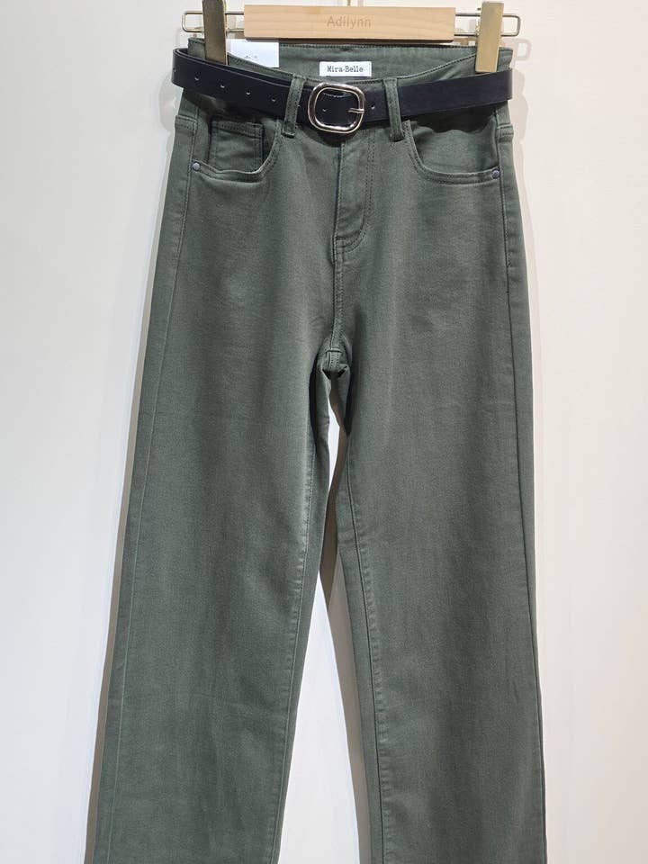 Kaki jeans med bælte, fem lommer, kaki J067 for engroshandel hos Adilynn