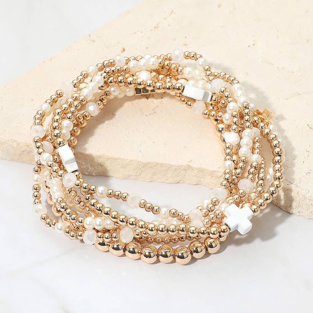 Sensibling Corp. - Wholesale Jewelry Set - 7PCS - Cross Pearl Metal Ball Beaded Stretch Multi Layered Bracelets8