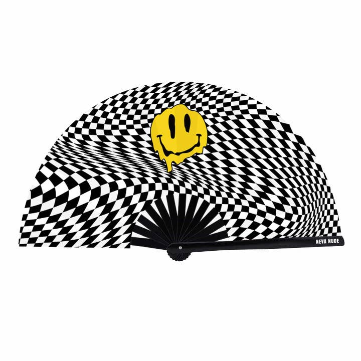 Black White Trippy Checkers Melty Face Blacklight Reactive Folding Fan for wholesale on Faire