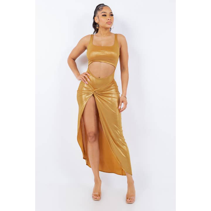 J4783-S737 Guld Bodysuit Tie Nederdel Sæt for engroshandel hos Uptown Apparel