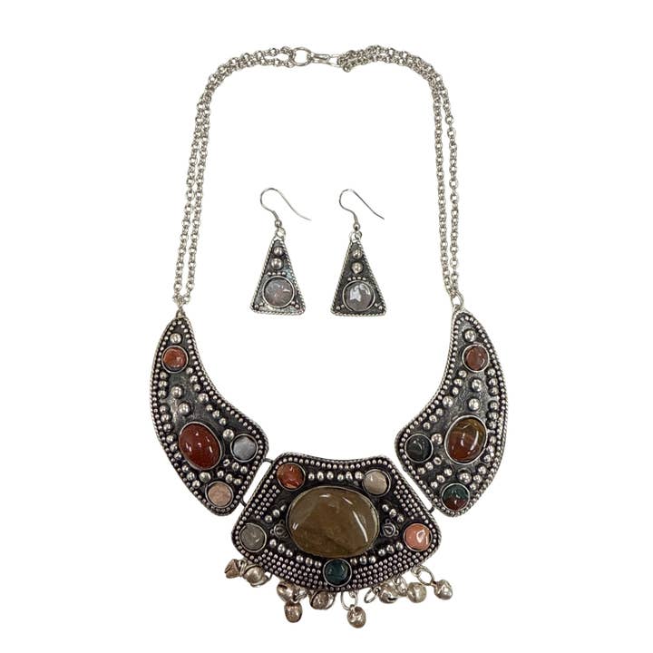 Patina Finish Brass Necklace Set with Inlaid Agate Stones for wholesale by Treasure Jewelry