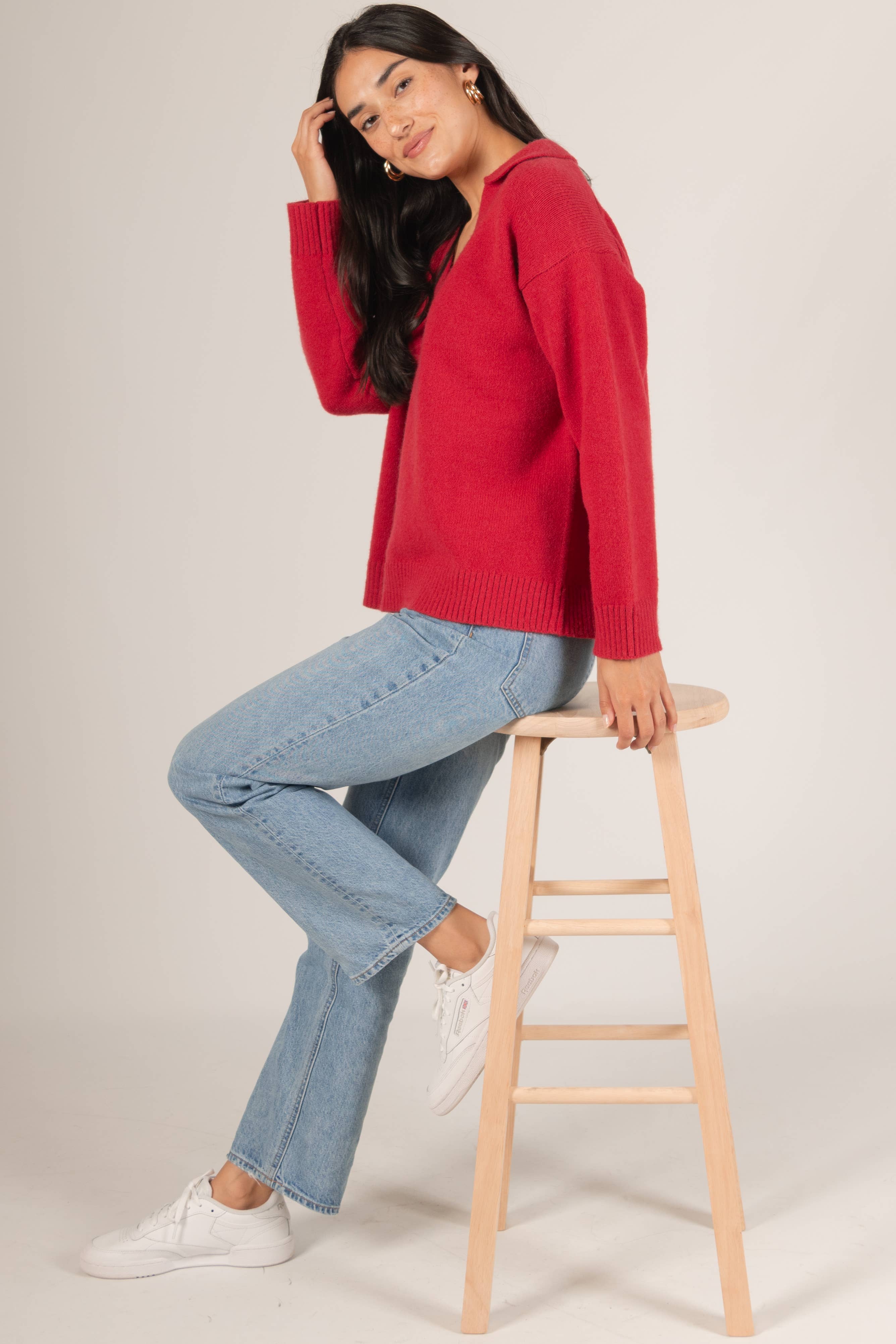 Dark Raspberry Knit Collared V Neck Ribbed Border Sweater Top	 for wholesale on Faire14