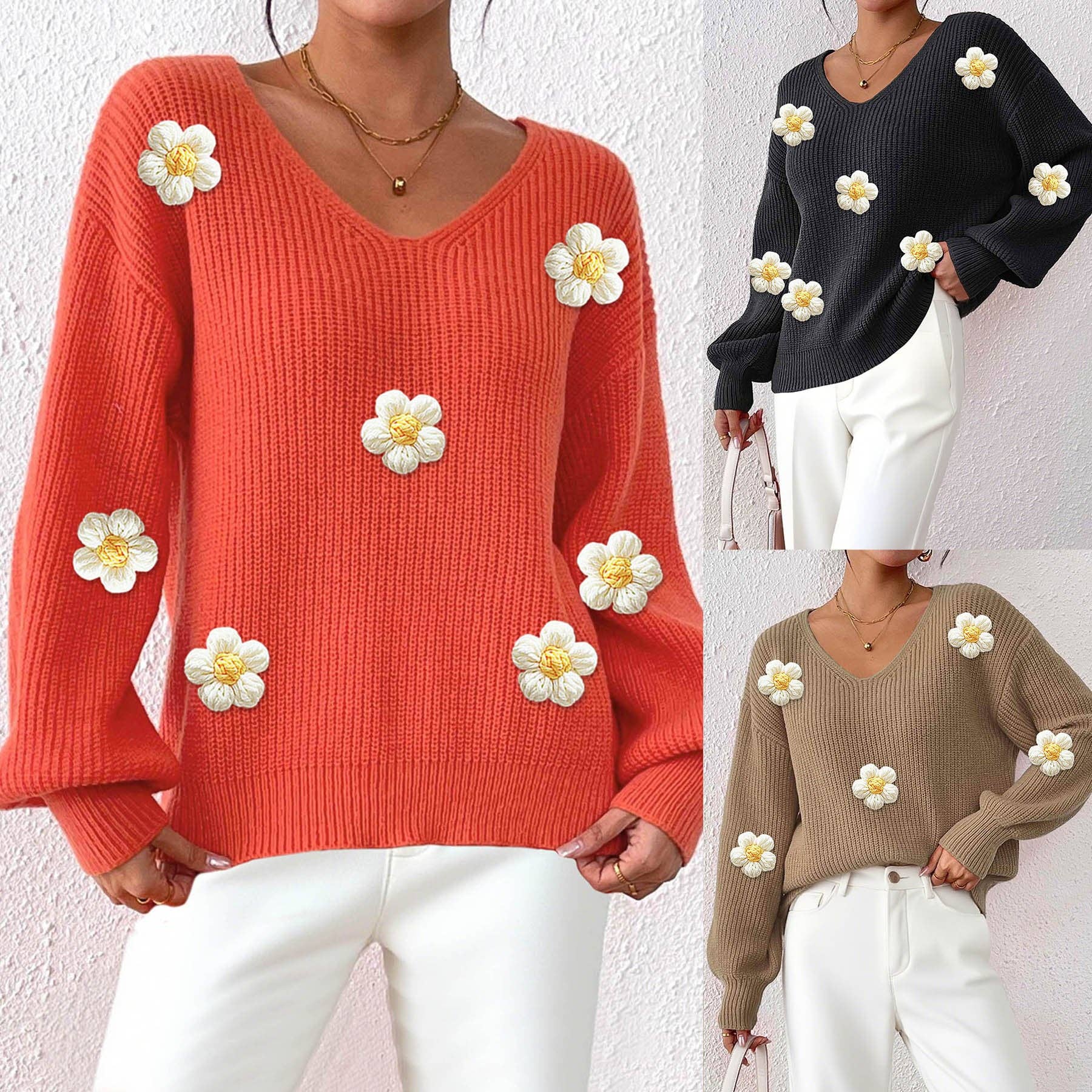 Masyal - Wholesale Knit Sweater - Women's - Women's Pullover Sweater with 3D Floral Embroidery1